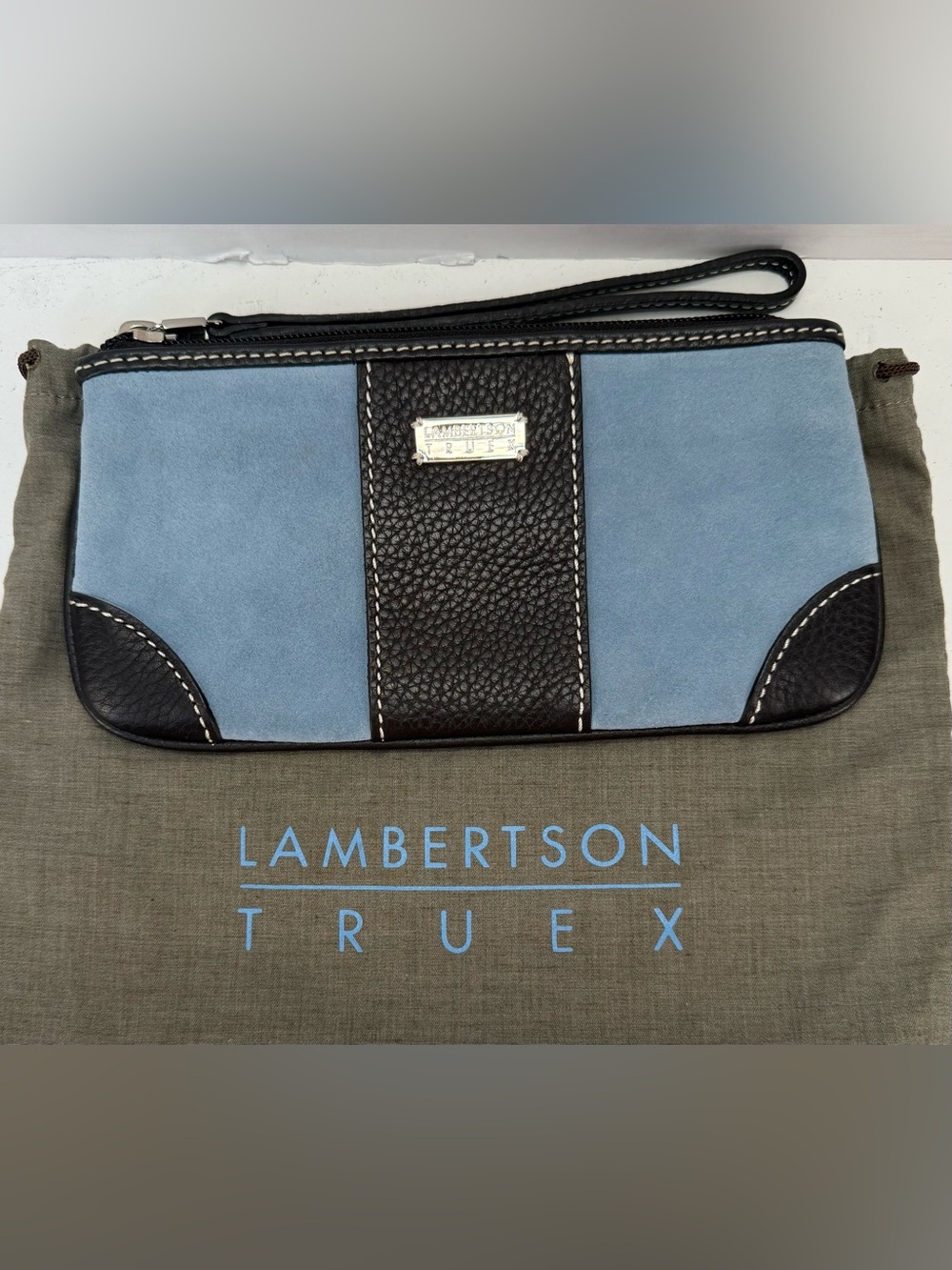 Lambertson Truex Blue Suede & Black Leather Wristlet